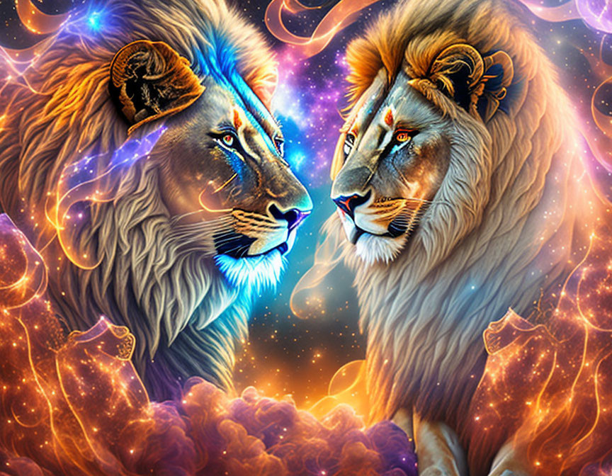 Digitally rendered majestic lions in cosmic background with orange and blue hues