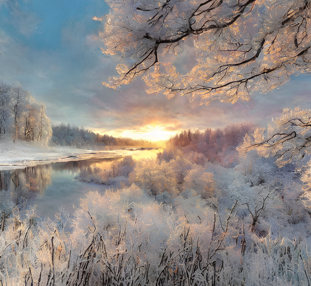 Frost-covered trees and reflective river in winter sunrise