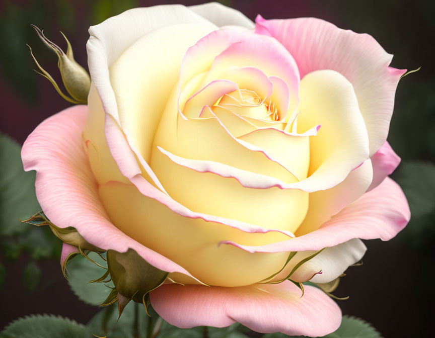 Delicate yellow and pink rose with soft petals and green leaves.