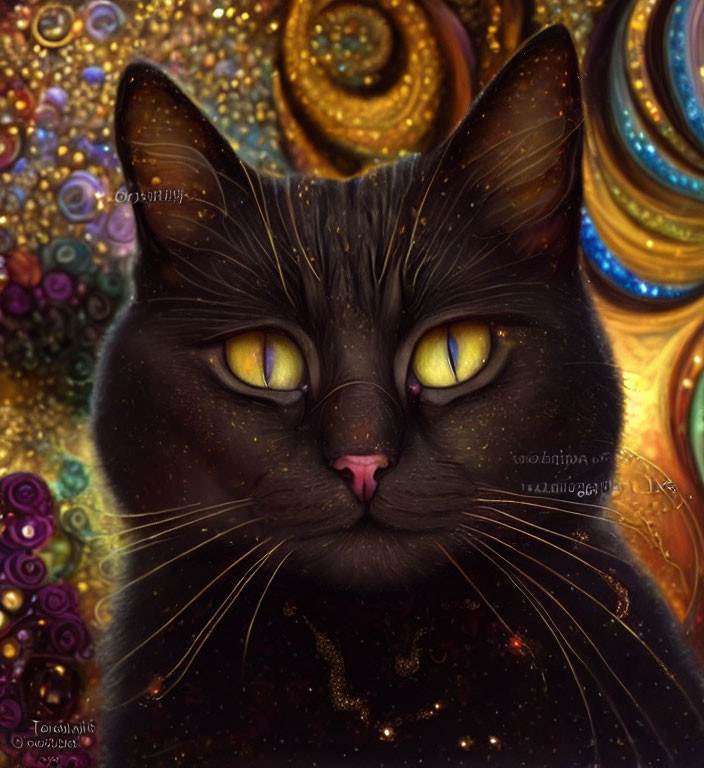 Black Cat with Yellow Eyes in Colorful Dreamlike Setting