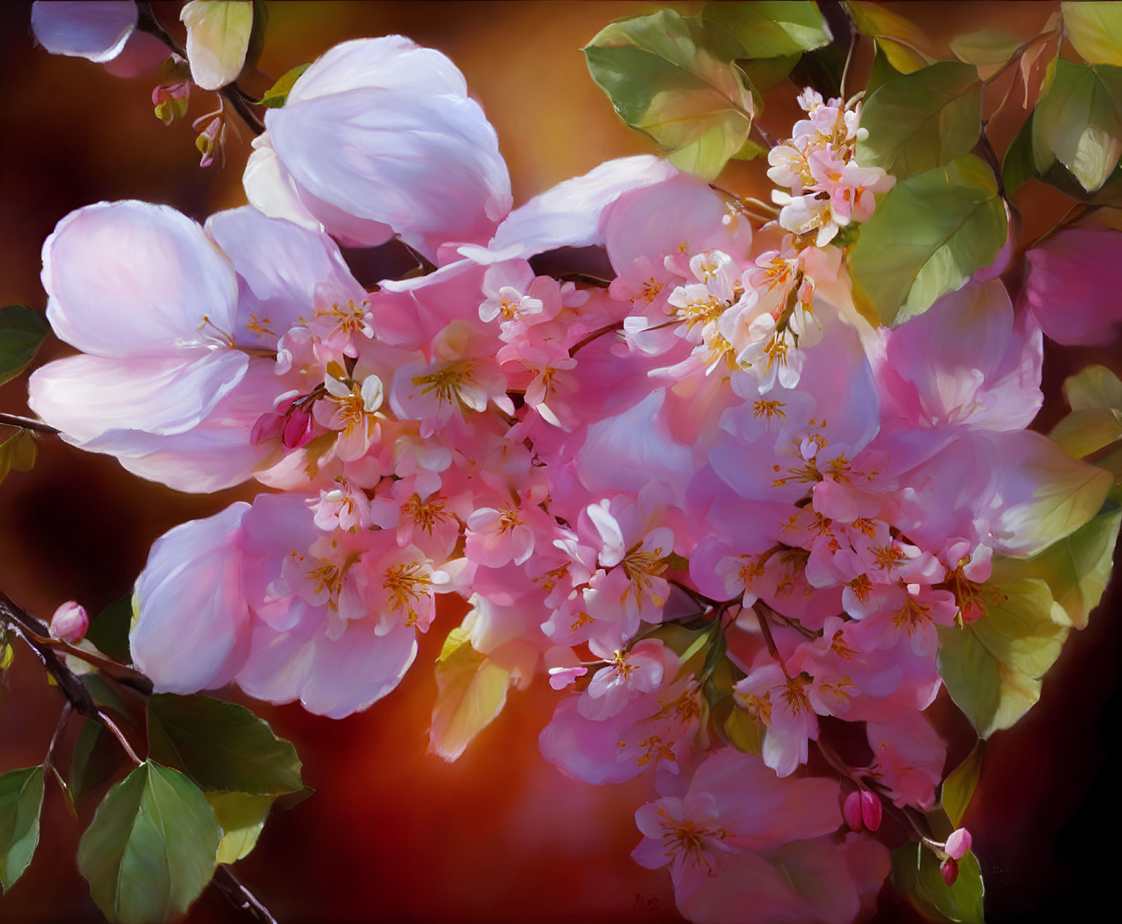 Soft pink cherry blossoms painting with yellow centers on warm background