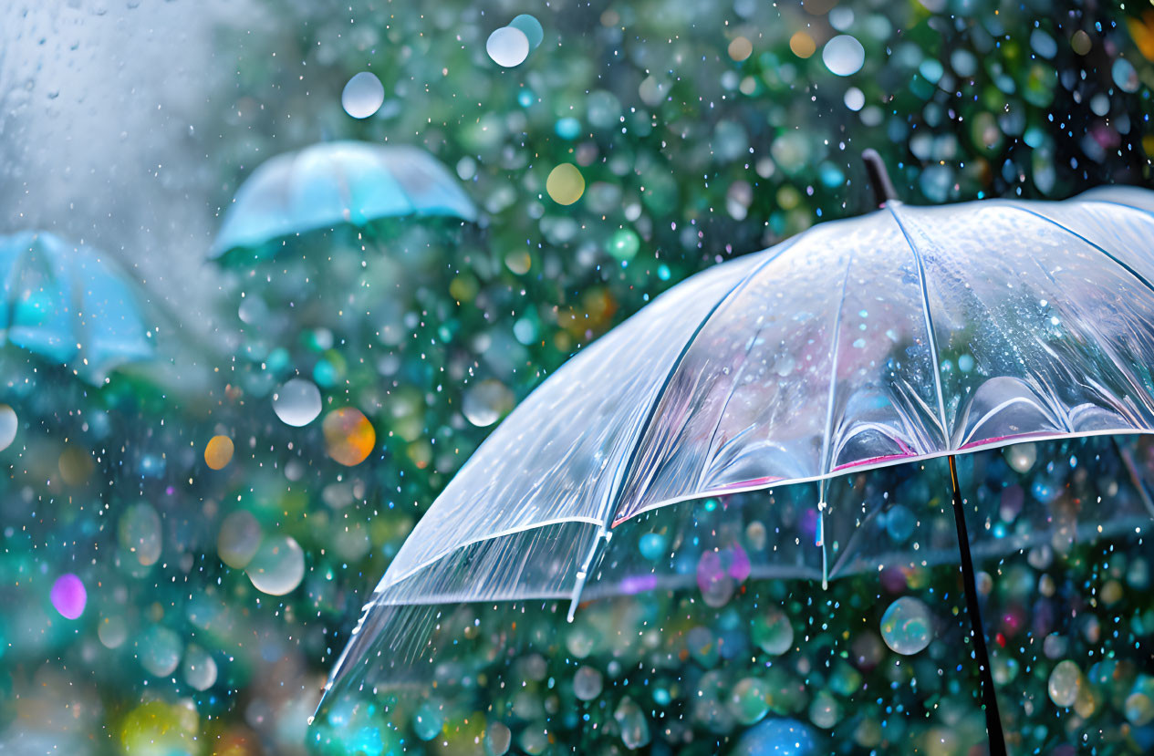 Colorful Rainfall Through Transparent Umbrellas