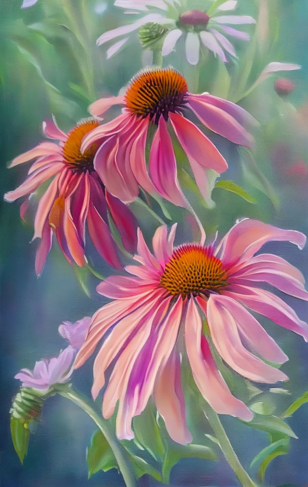 Three Vibrant Pink Coneflowers with Orange Centers on Soft Green Background