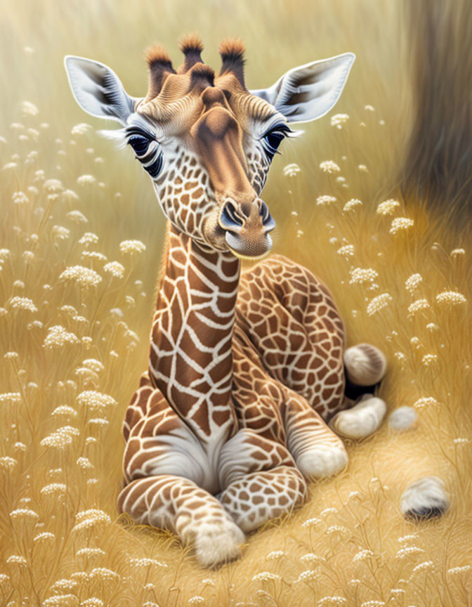 Young giraffe in golden grass with large eyes and long eyelashes