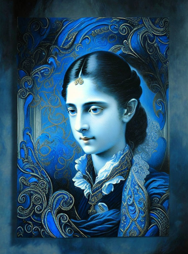 Serene woman portrait in blue attire with gold detailing on swirling background