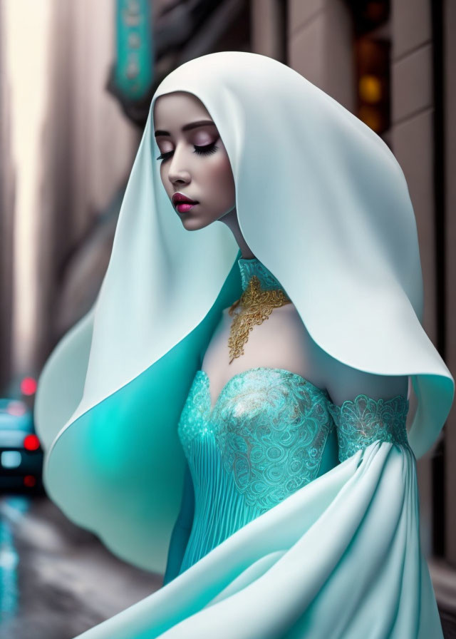 Futuristic woman in white and teal outfit with gold necklace in urban alleyway