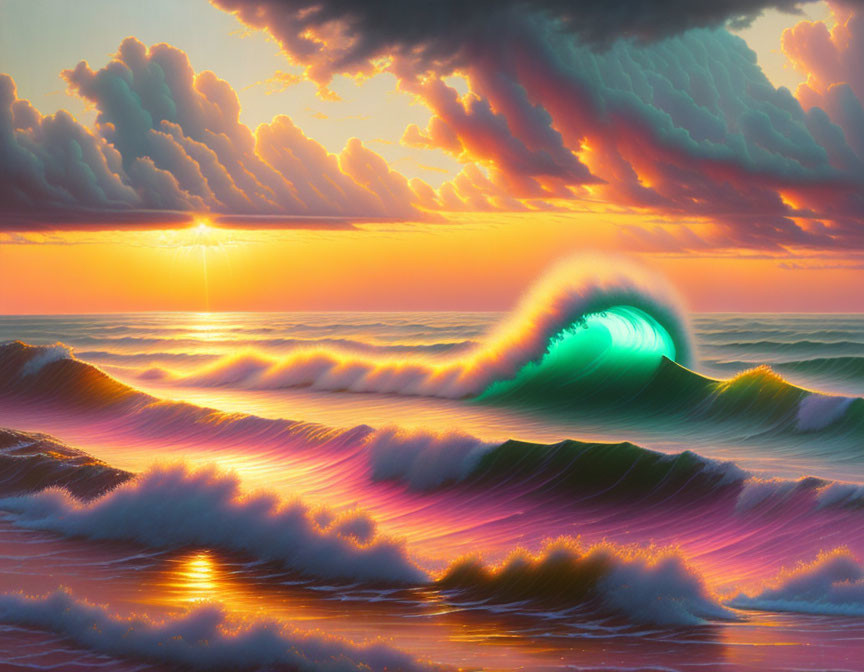 Colorful ocean sunset with vibrant wave and warm sky hues.