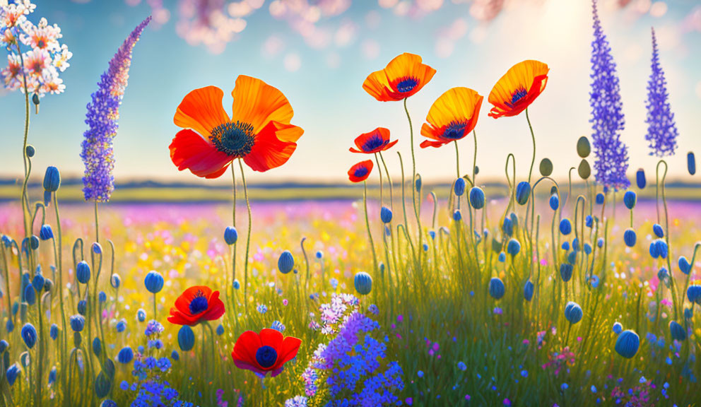 Colorful Wildflowers Blooming in Sunlit Meadow