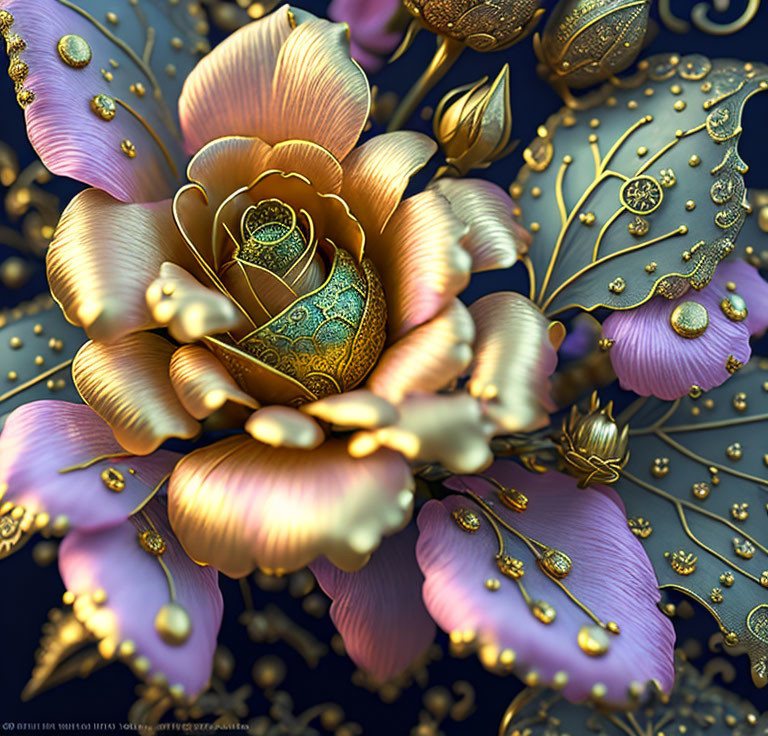 Metallic Rose Artwork with Gold Accents on Dark Background