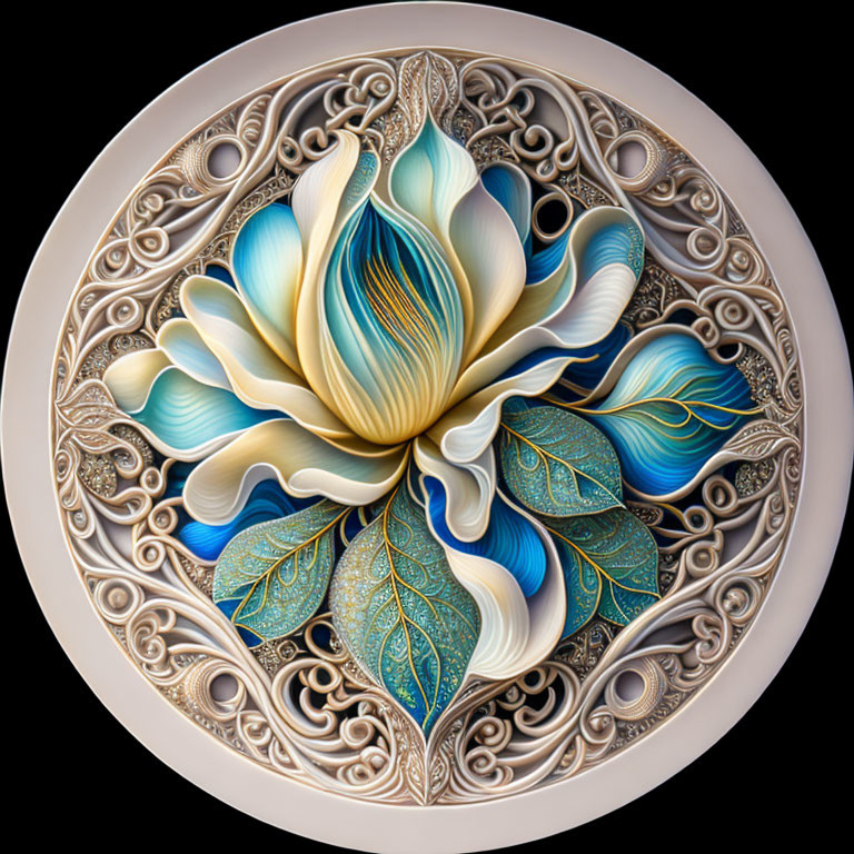 Circular Bas-Relief Sculpture of Lotus Flower in Blue, White, and Gold