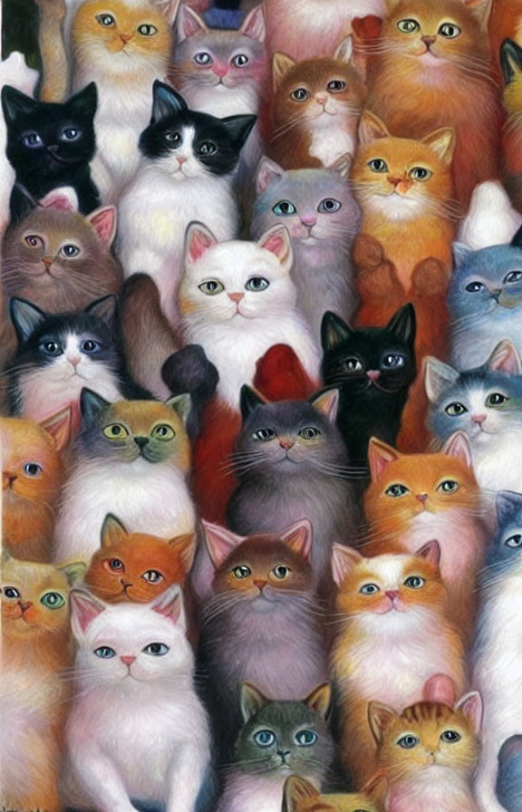 Assorted colorful cats with varied expressions in close proximity.