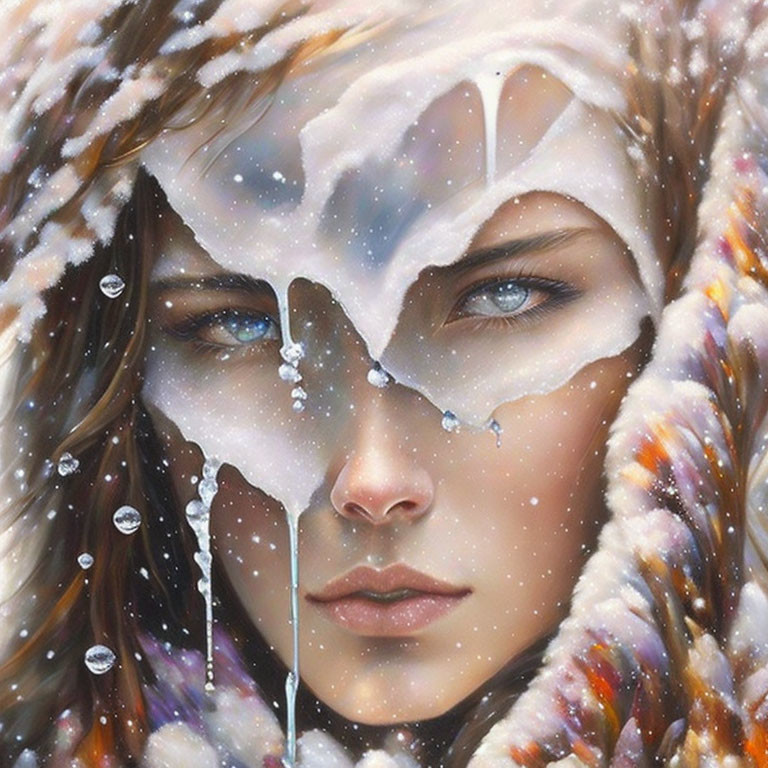 Close-Up Portrait of Woman's Face with Snowflakes and Water Droplets in Wintry Hood