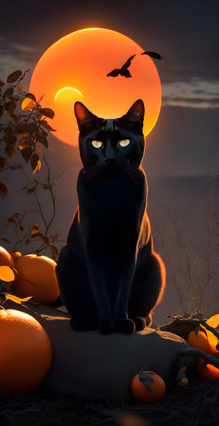 Black Cat Among Pumpkins Under Orange Sunset with Silhouetted Bat