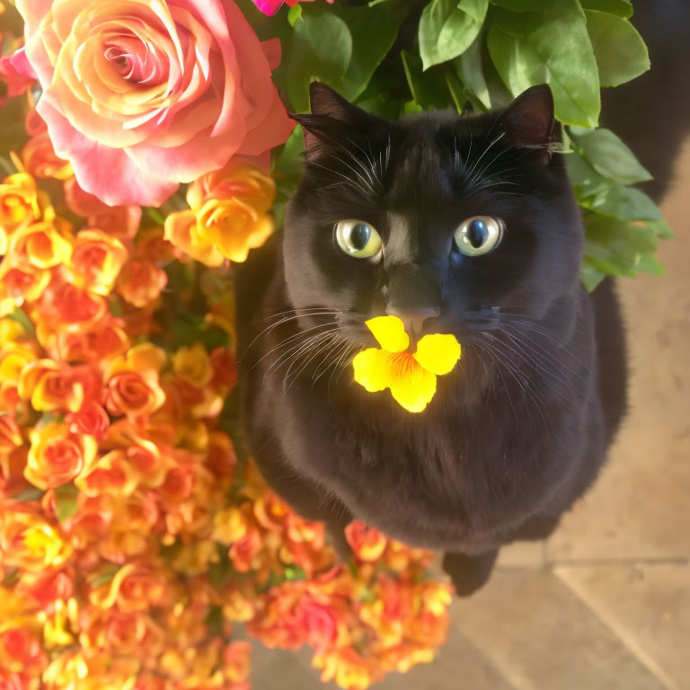 Black cat with blue eyes next to colorful roses and yellow petal.