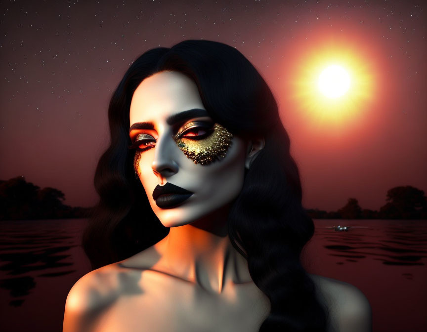 Dark-haired woman with gold glitter makeup in surreal sunset scene