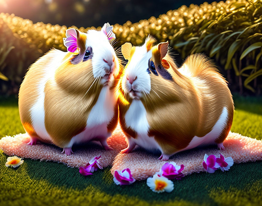 Fluffy guinea pigs on pink blanket in sunlit garden