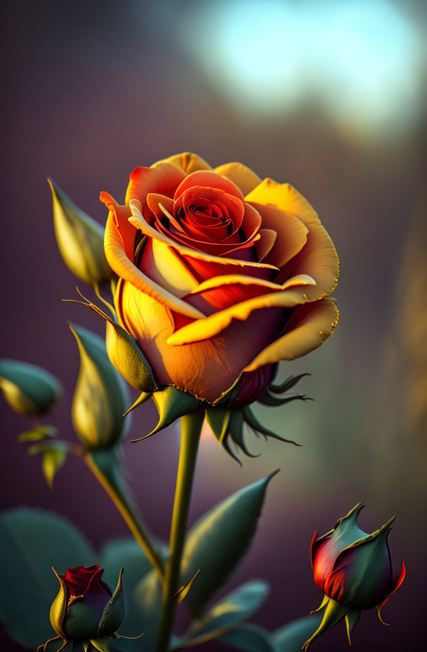 Bi-Colored Orange and Yellow Rose with Buds on Blurred Background