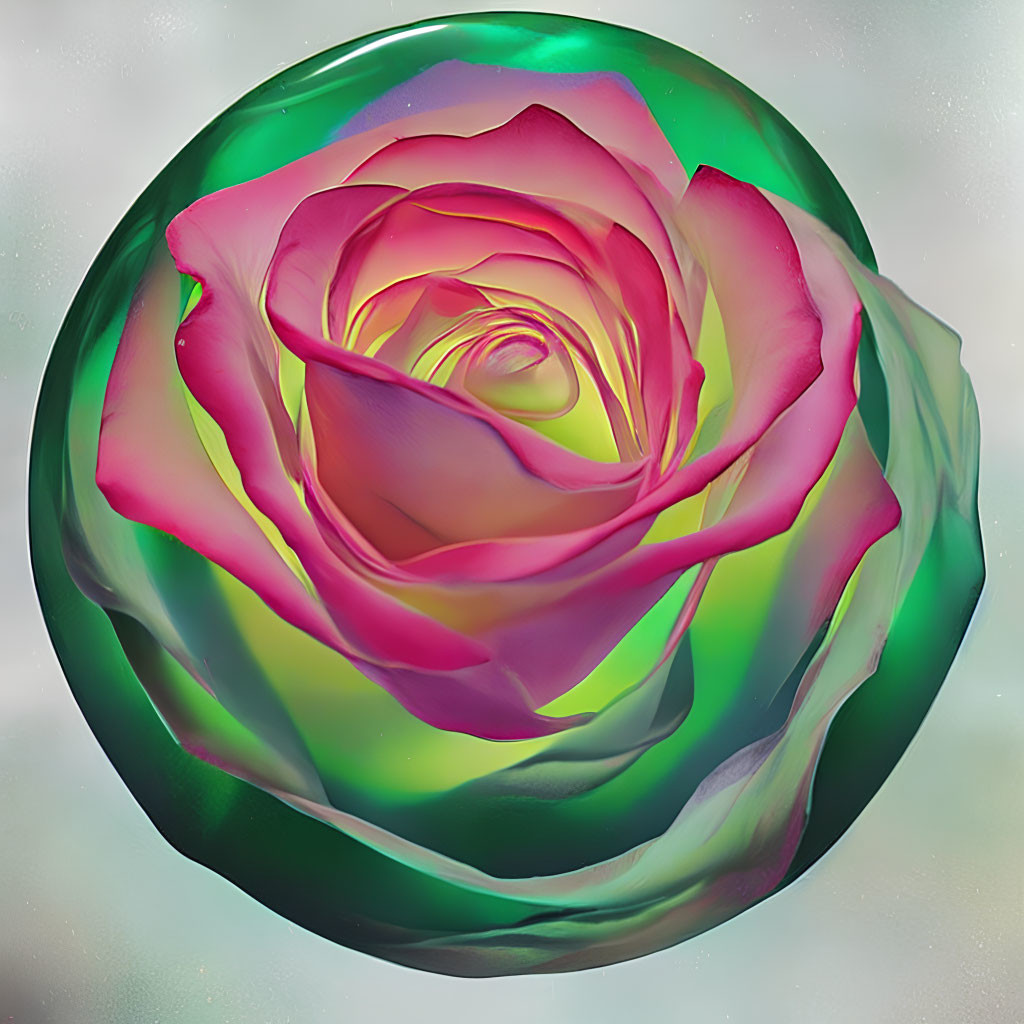 Pink Rose Captured in Iridescent Sphere with Green and Blue Highlights