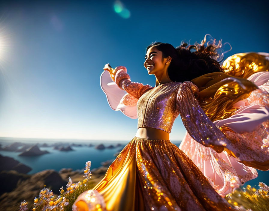 Woman twirls in flowing dress on mountain top