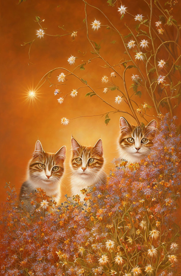 Three Cats in Vibrant Orange and Blue Flower Field