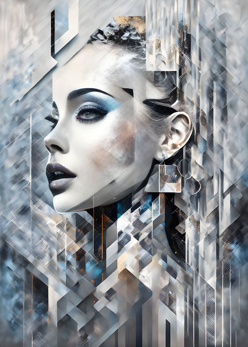 Abstract geometric patterns on woman's face in digital artwork