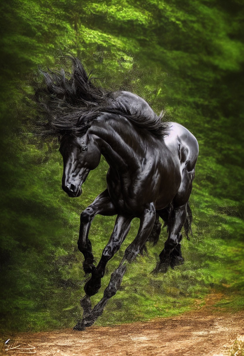 Majestic black horse galloping in vibrant green setting