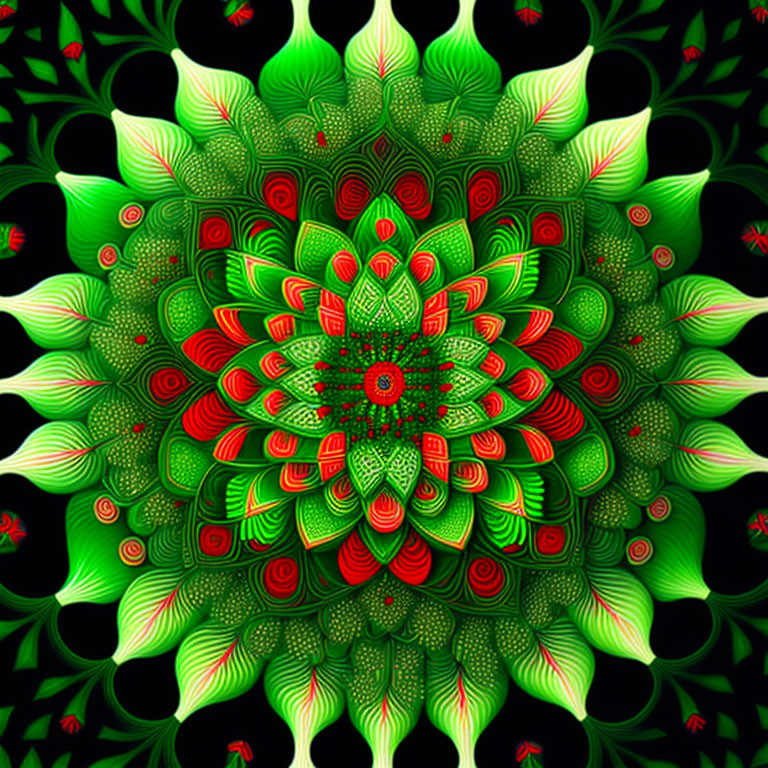 Symmetrical kaleidoscopic image with vibrant green and red floral pattern