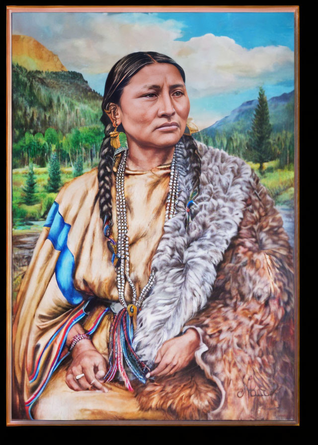 Native American woman oil painting in traditional attire against mountain landscape