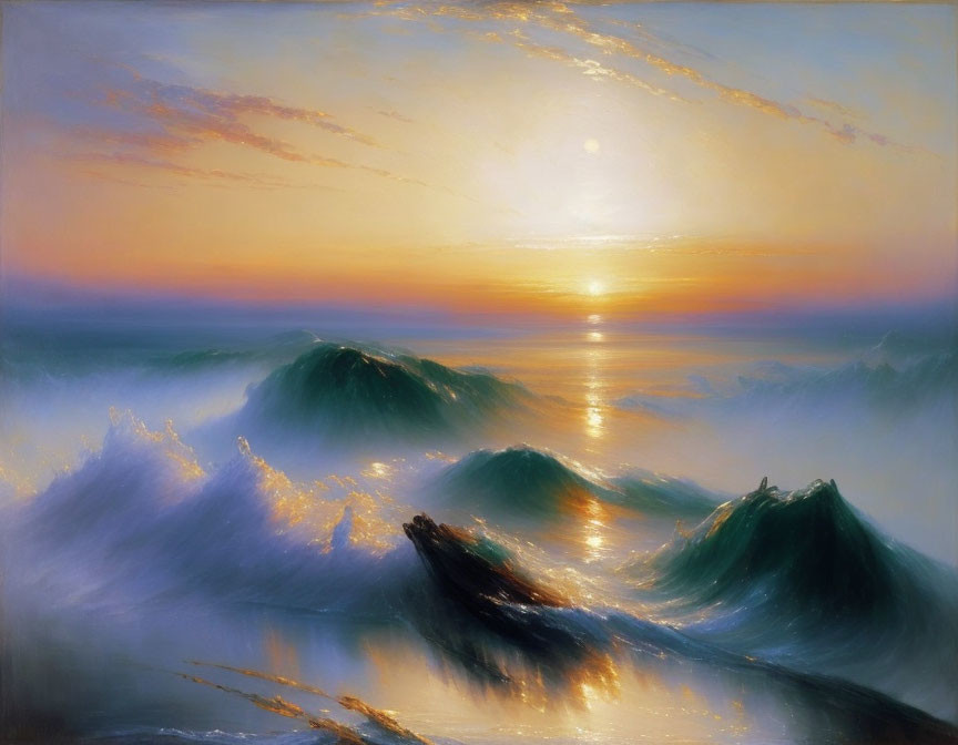 Tranquil ocean sunset with gentle waves and warm sunlight