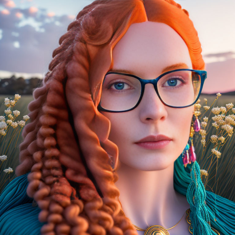 Red-Haired Woman with Glasses in Blue Garment at Sunset