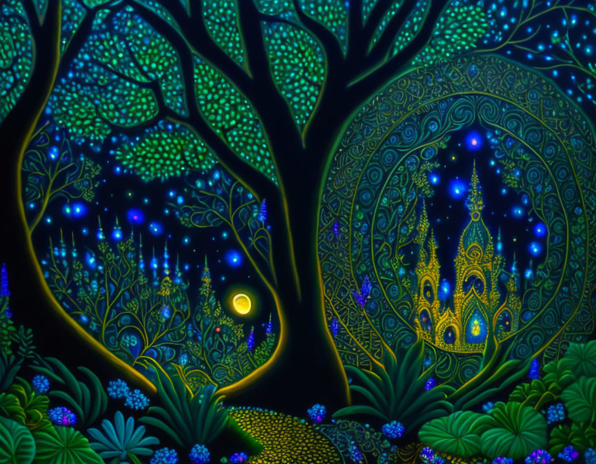 Mystical night scene painting with glowing trees and yellow moon