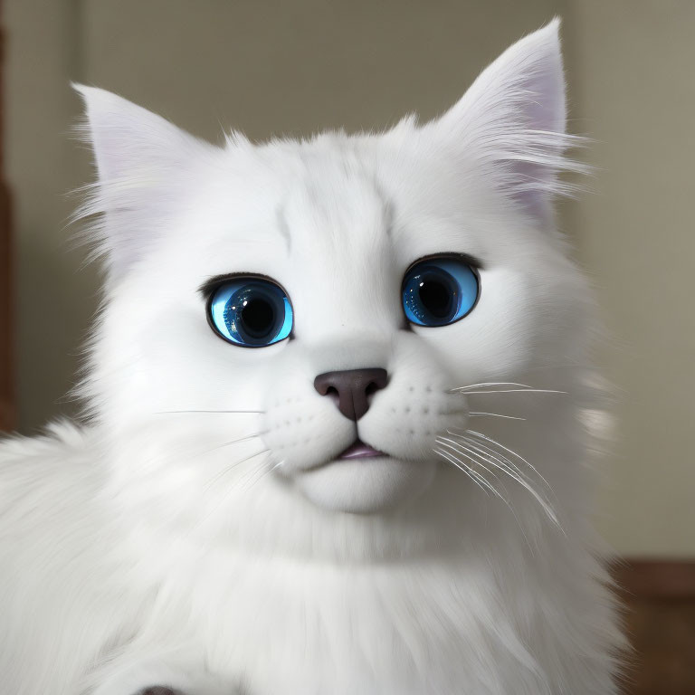 White Fluffy Cat with Large Blue Eyes and Curious Expression