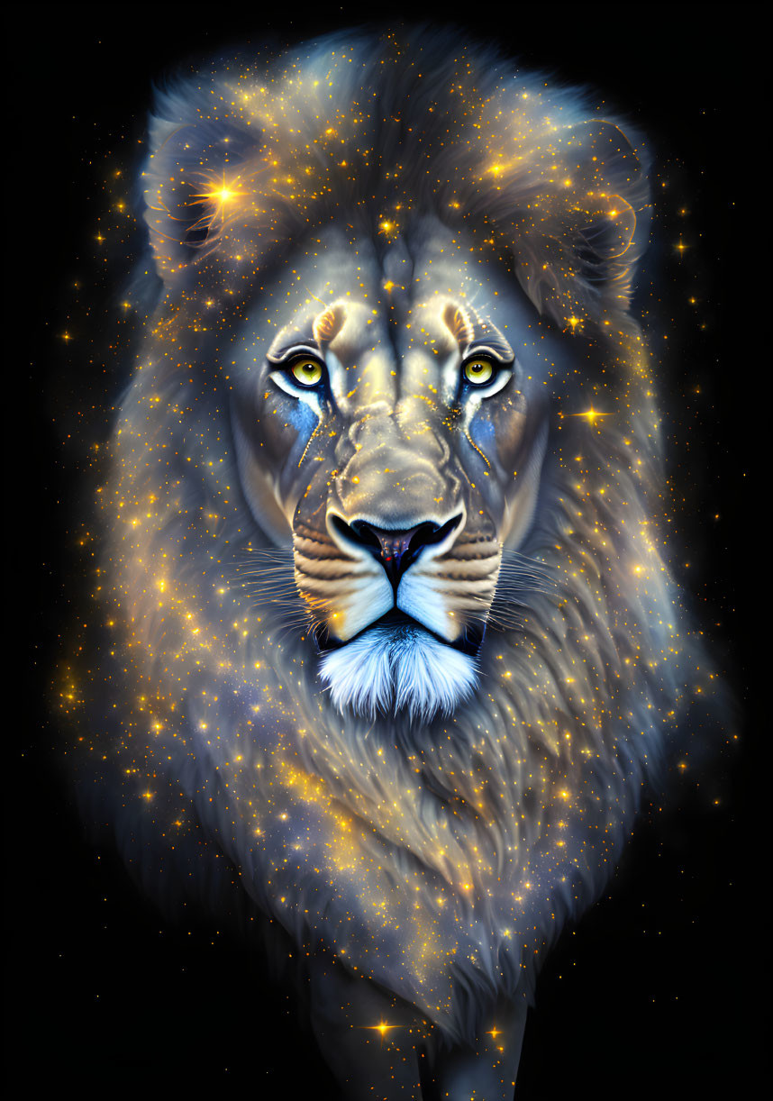 Digital illustration of majestic lion's head with cosmic aura on dark background