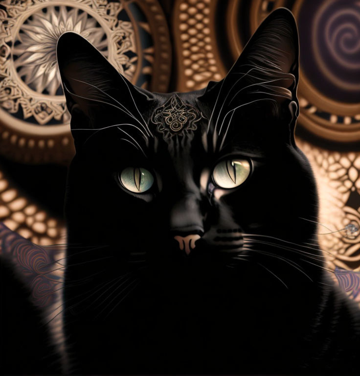 Digital Artwork: Black Cat with Green Eyes and Intricate Forehead Patterns