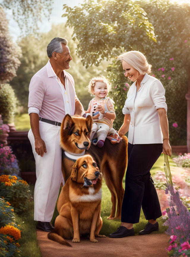 Elderly Couple, Toddler, Dogs, and Lush Garden Path