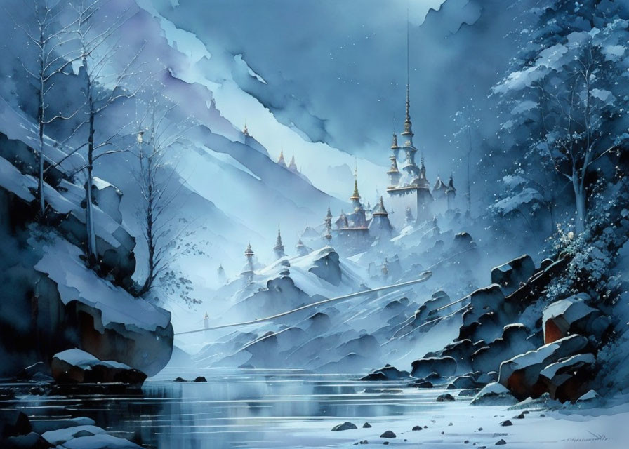 Fantasy winter landscape with castle, snowy mountains, river, and twilight sky