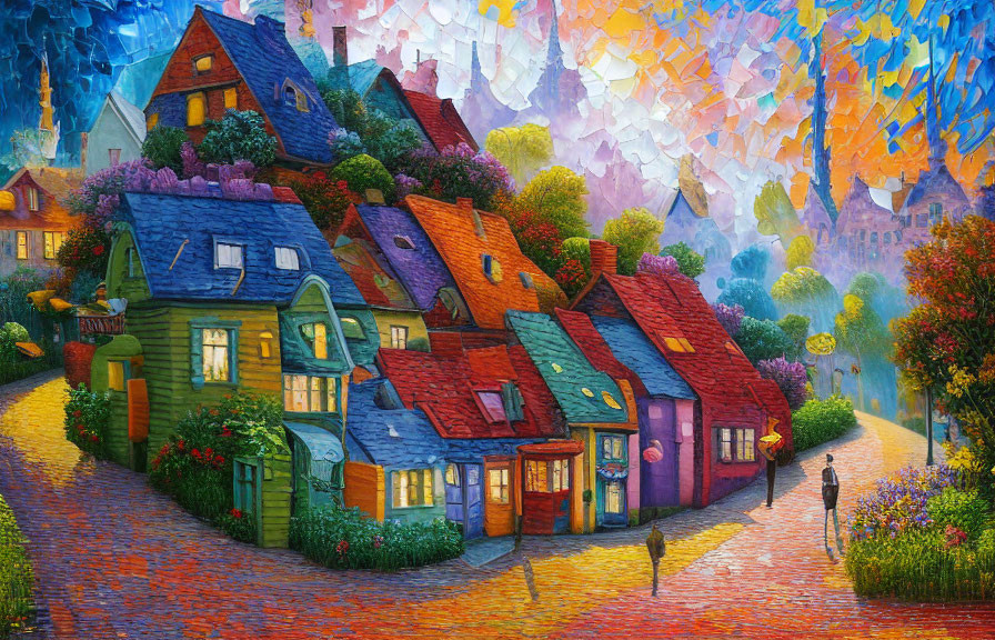 Colorful village street painting with mosaic sky and strolling figure