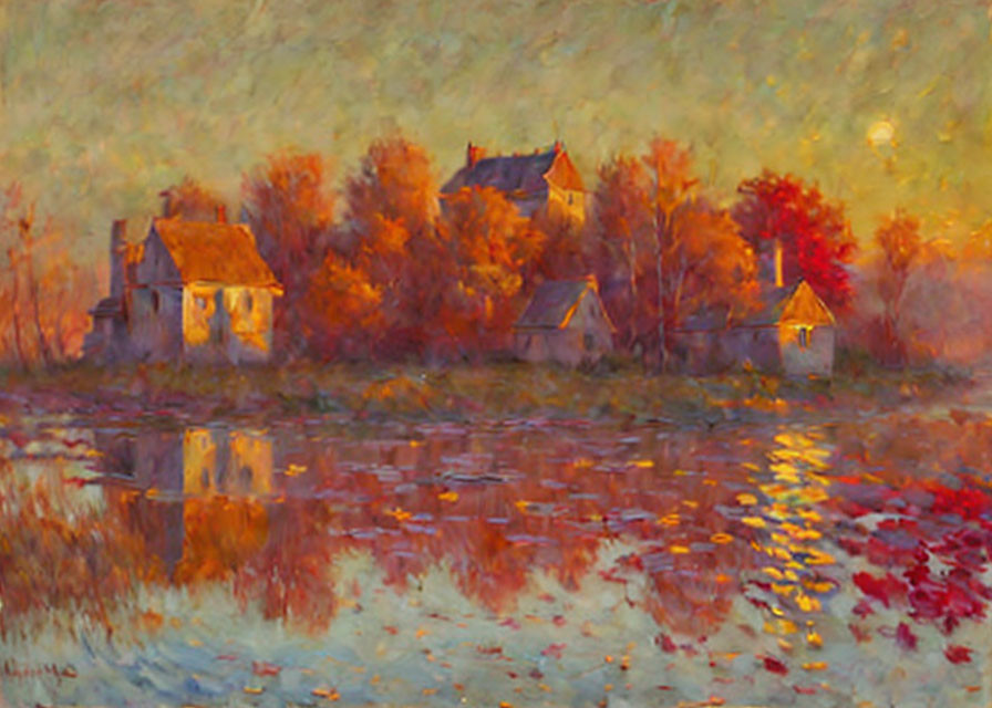 Impressionistic painting: Serene village, houses reflected in water, vibrant autumn colors, glowing sunset