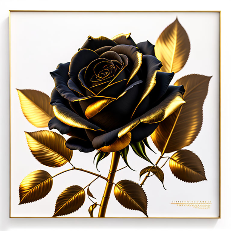 Black rose with golden edges on white background - Framed floral art