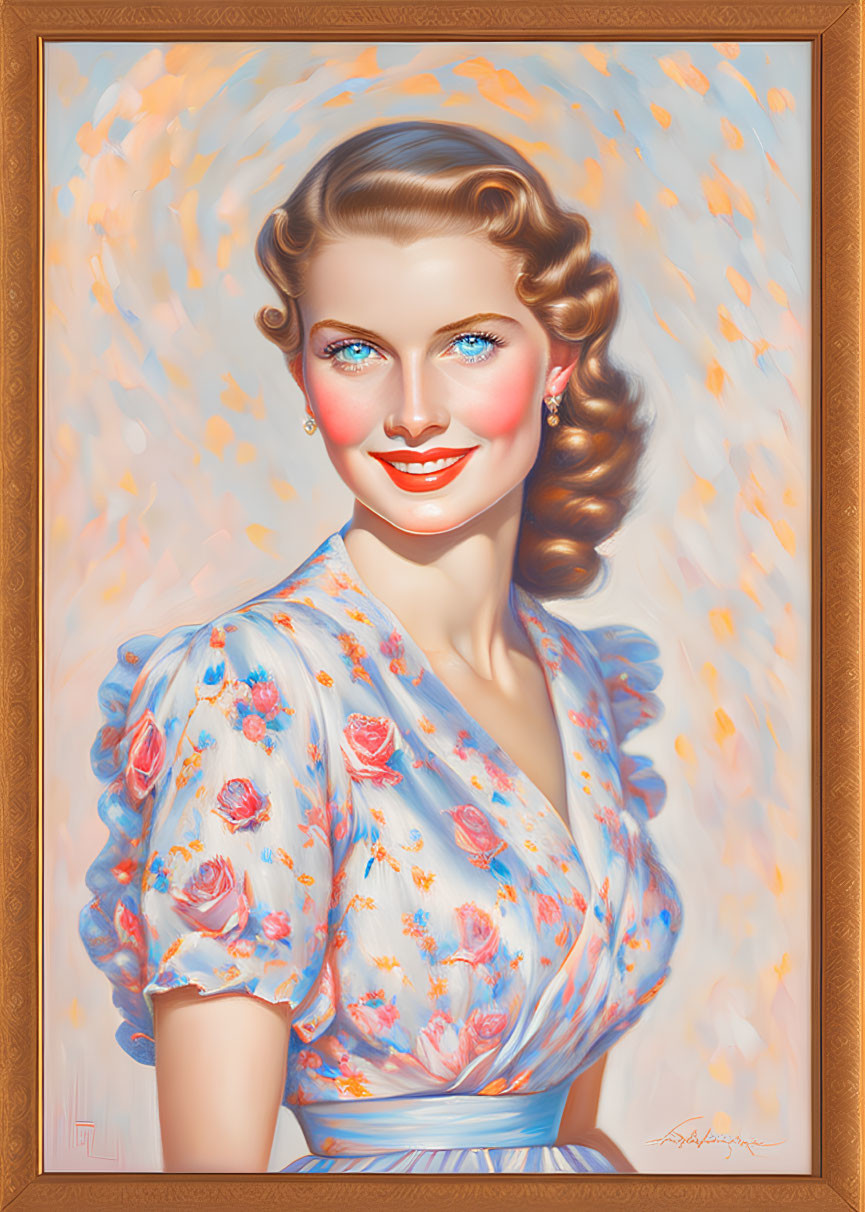 Smiling woman in floral dress on pastel background