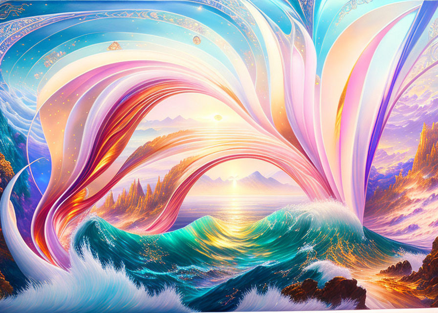 Colorful surreal landscape with swirling waves, mountains, and fantastical sky.