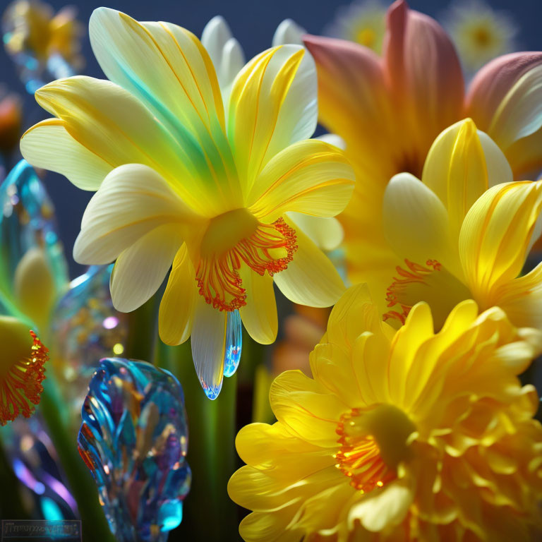 Detailed yellow and orange dahlia flowers with water droplets on blurred background