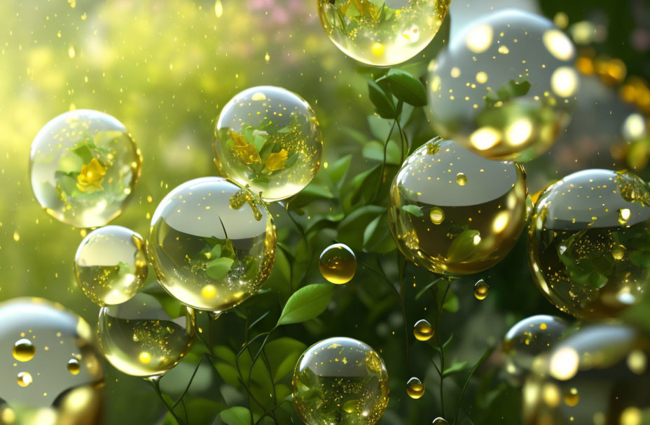 Golden sparkles in transparent bubbles with green foliage, against a sunlit green backdrop