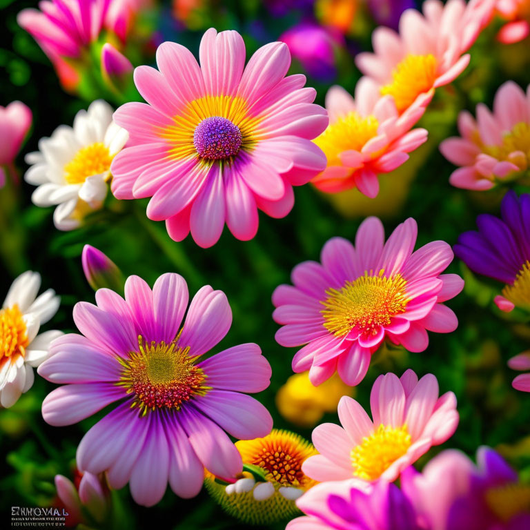 Colorful pink and purple daisy flowers in lush greenery