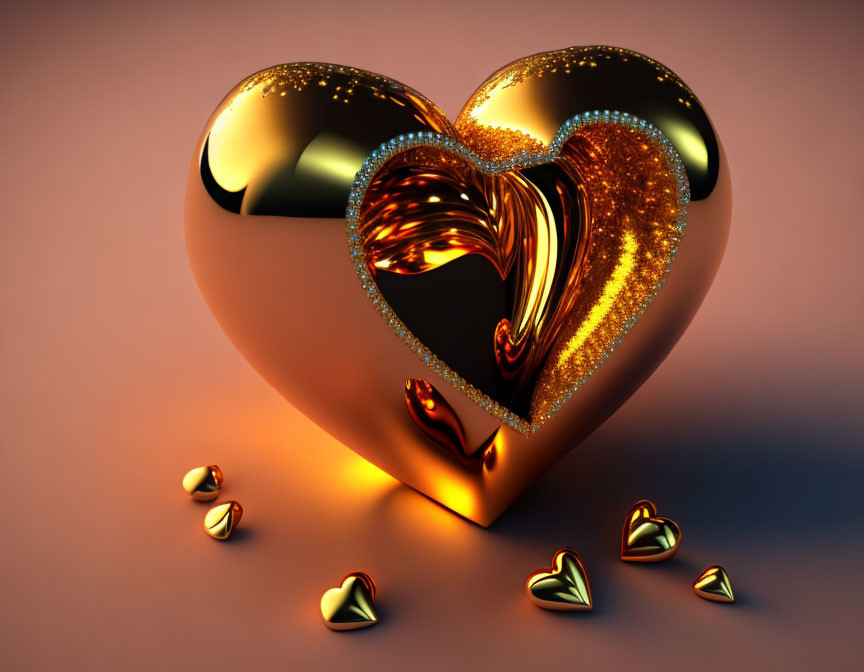 Golden heart surrounded by smaller hearts on warm background