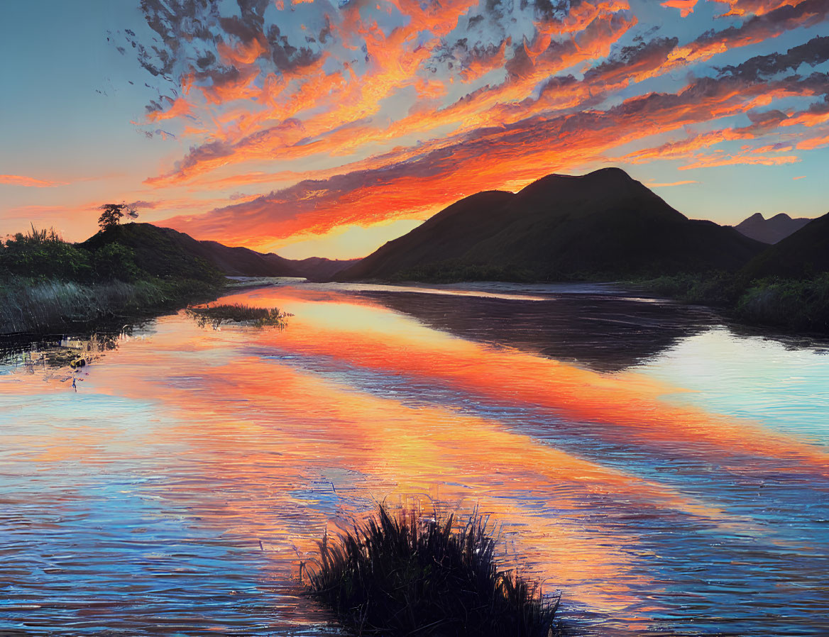 Colorful sunset reflecting on river with mountains and lush banks