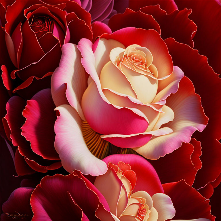 Multicolored rose close-up with red and cream petals among deep red roses