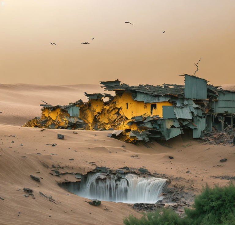 Abandoned building in sand dunes with hidden waterfall and birds at sunset