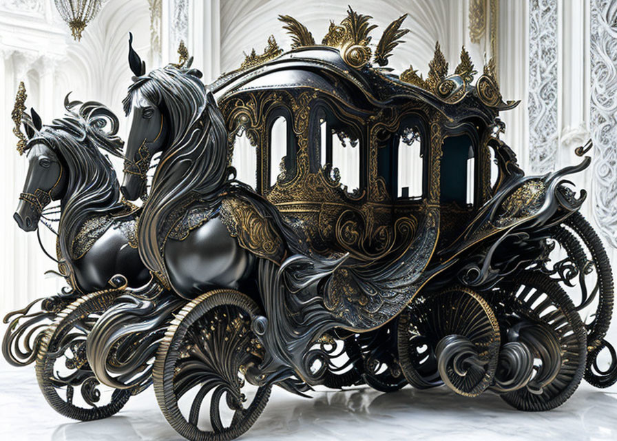 Black and Gold Carriage with Elaborate Horse Sculptures and White Detailed Interior