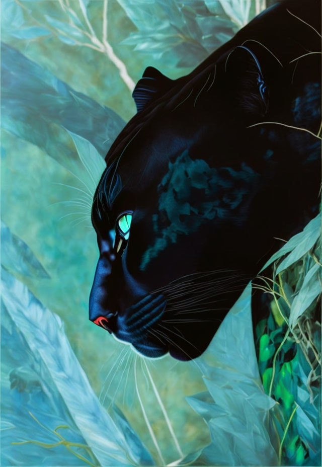 Black Panther with Glowing Blue Eyes in Green Foliage